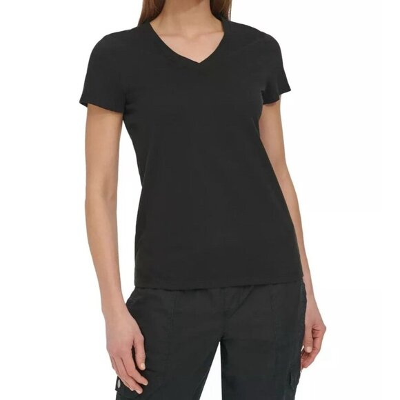 DKNY Sport V-Neck Short-Sleeve T-Shirt Women's Black Solid Side Logo Pullover - Picture 1 of 14
